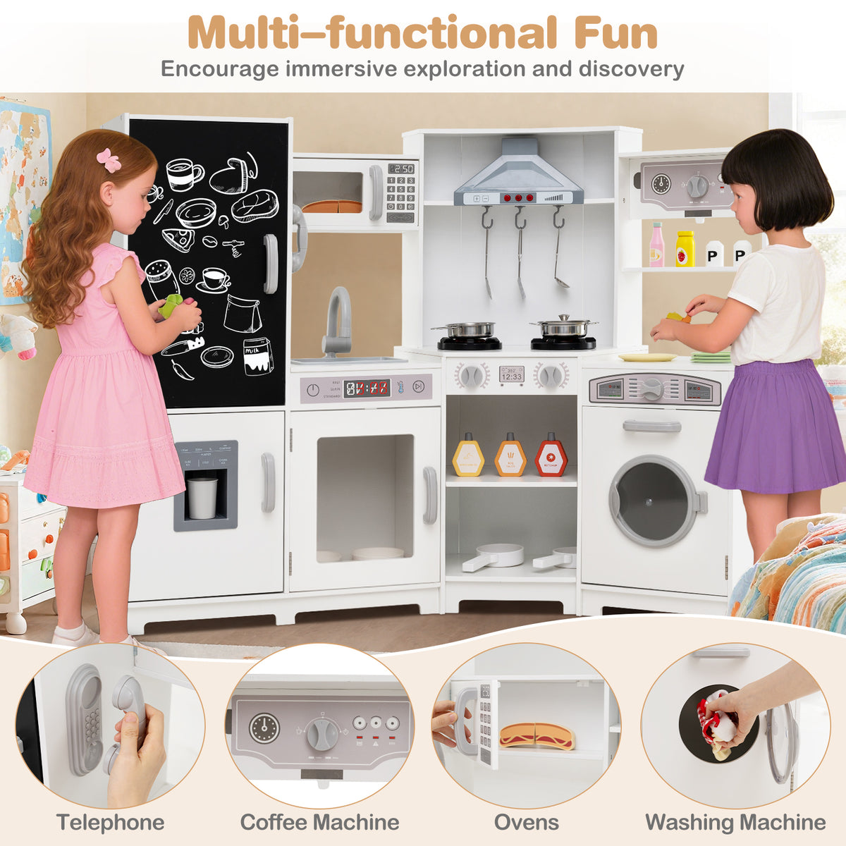 Corner Wooden Play Kitchen with Lights and Sounds Large Pretend Play Kitchen Set