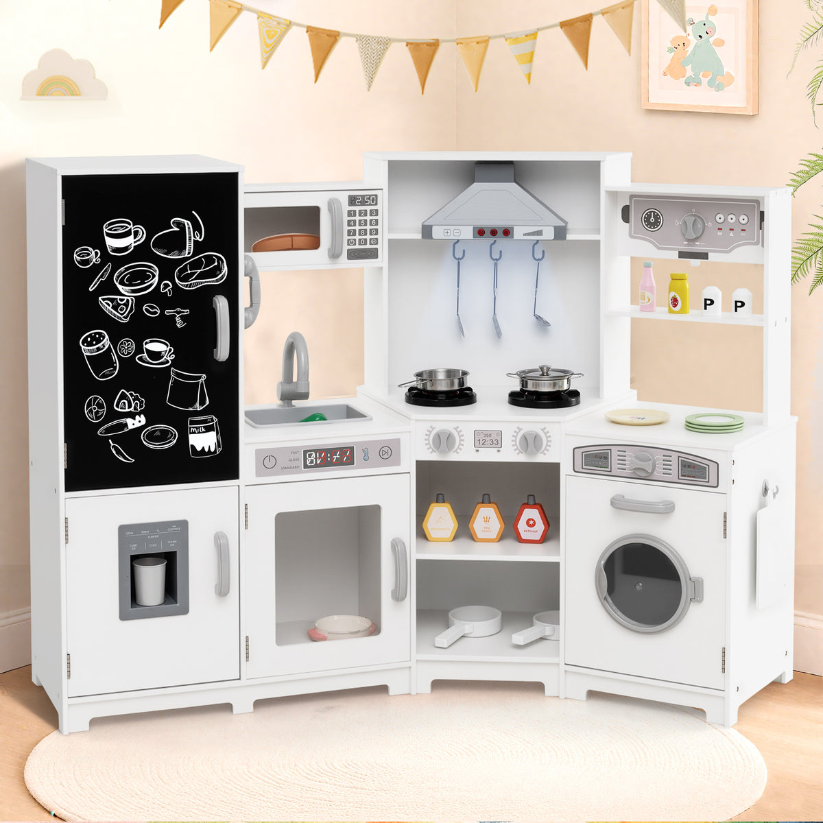 Corner Wooden Play Kitchen with Lights and Sounds Large Pretend Play Kitchen Set