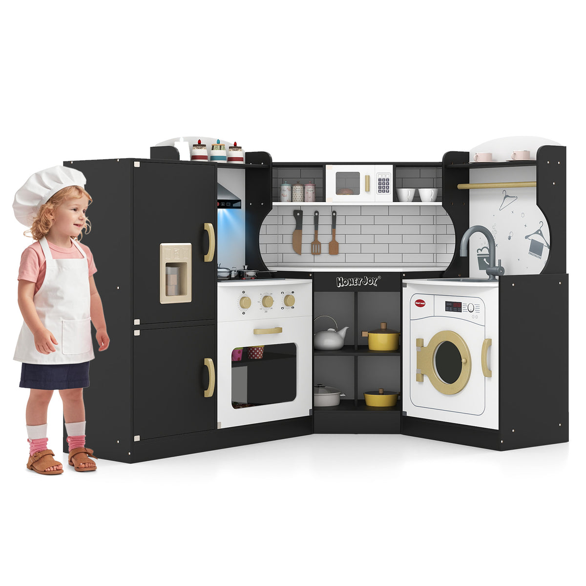 Corner Kids Play Kitchen with Washing Machine and Ice Maker Gift for Boys Girls