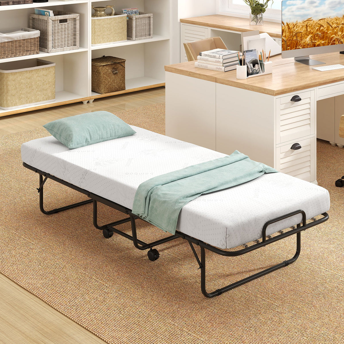 Cot Size Folding Bed Frame with Memory Foam Mattress and Metal Frame-Folding Beds-DECOROLALA