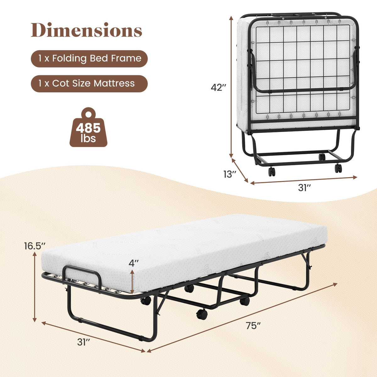 Cot Size Folding Bed Frame with Memory Foam Mattress and Metal Frame-Folding Beds-DECOROLALA