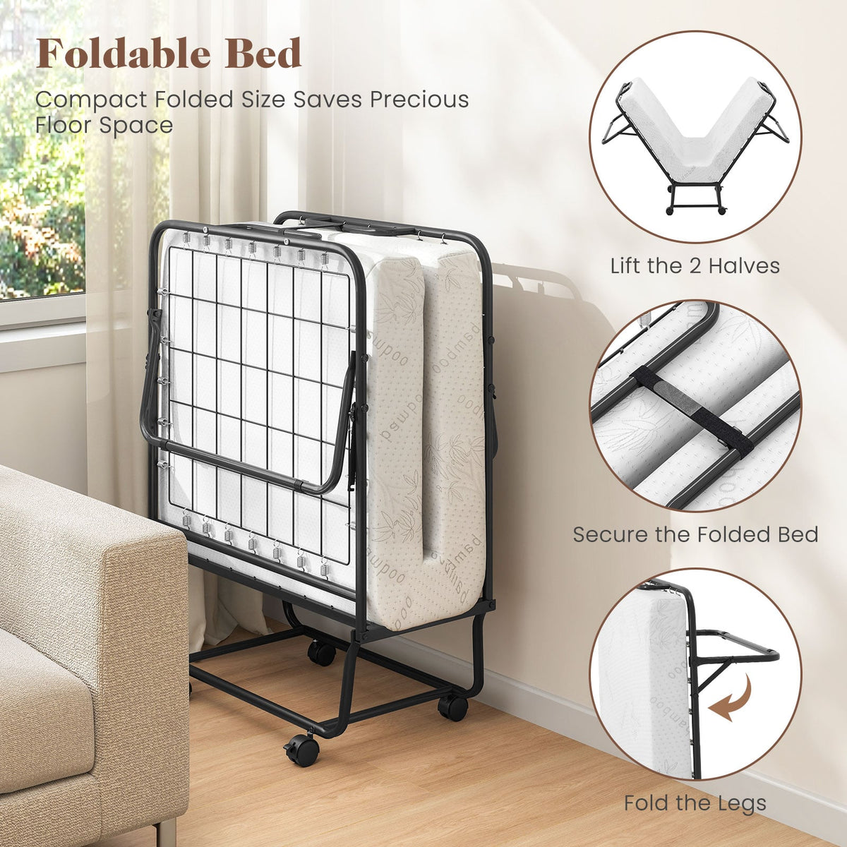 Cot Size Folding Bed Frame with Memory Foam Mattress and Metal Frame-Folding Beds-DECOROLALA