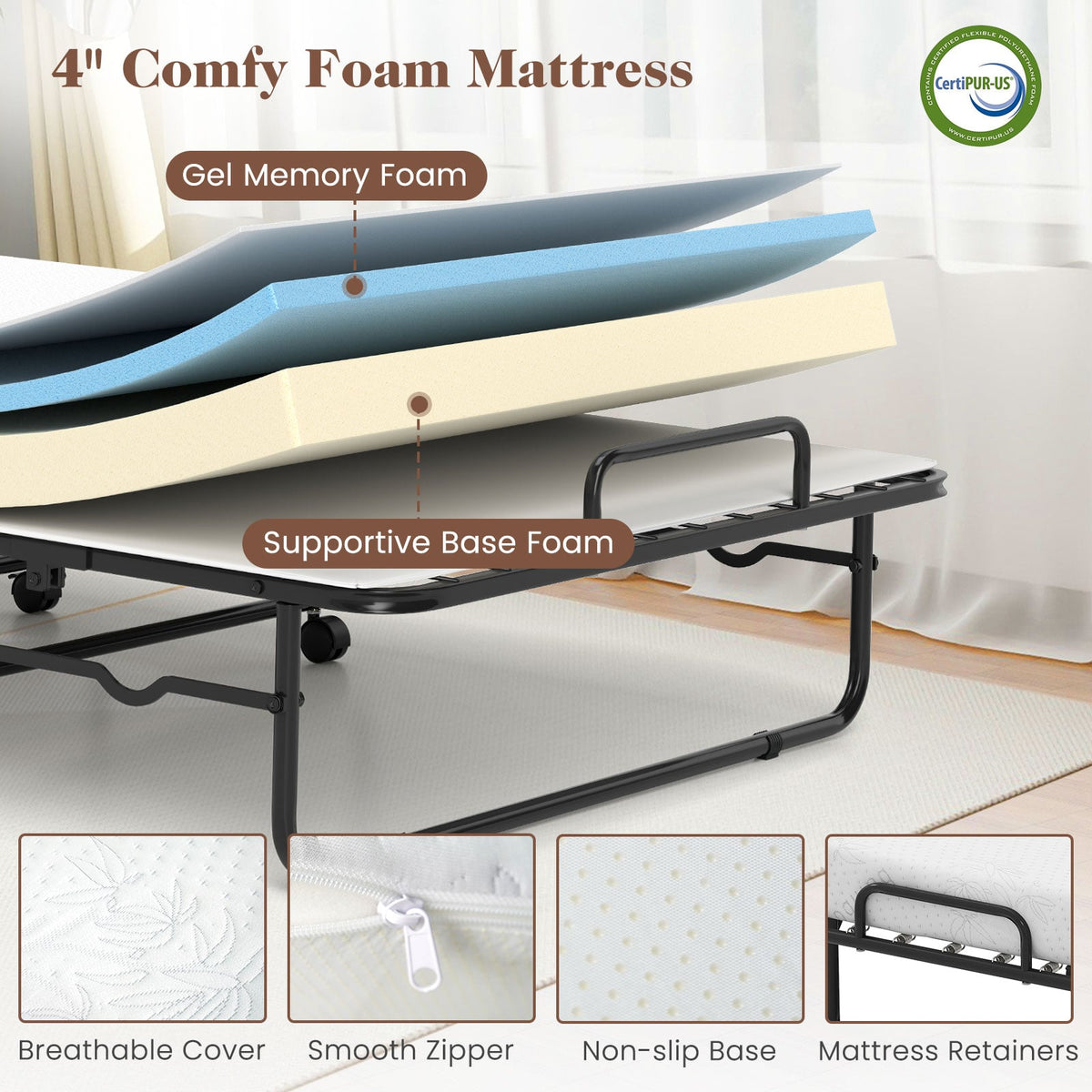 Cot Size Folding Bed Frame with Memory Foam Mattress and Metal Frame-Folding Beds-DECOROLALA