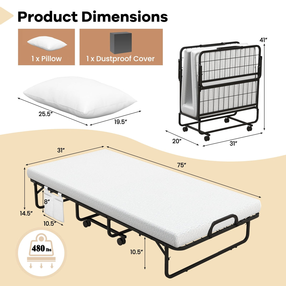 Cot Size Folding Bed with Memory Foam Mattress and Pillow-Folding Beds-DECOROLALA