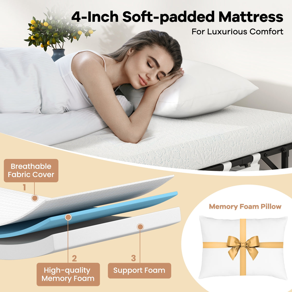 Cot Size Folding Bed with Memory Foam Mattress and Pillow-Folding Beds-DECOROLALA
