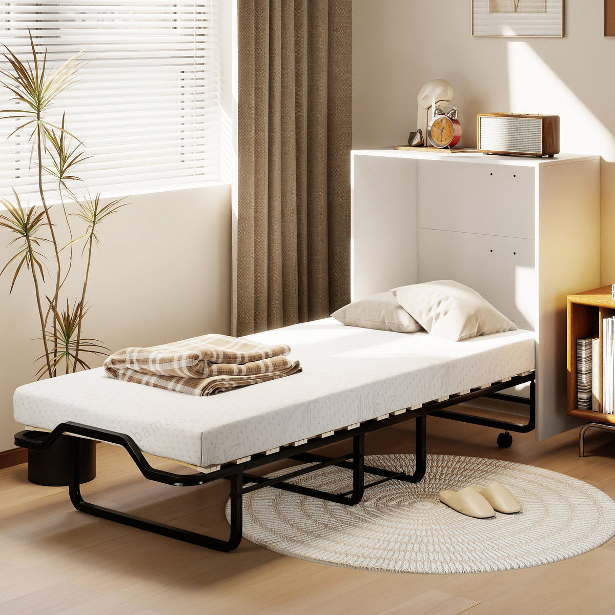 Cot Size Murphy Bed with Foldable Bed and Lockable Wheels-Folding Beds-DECOROLALA