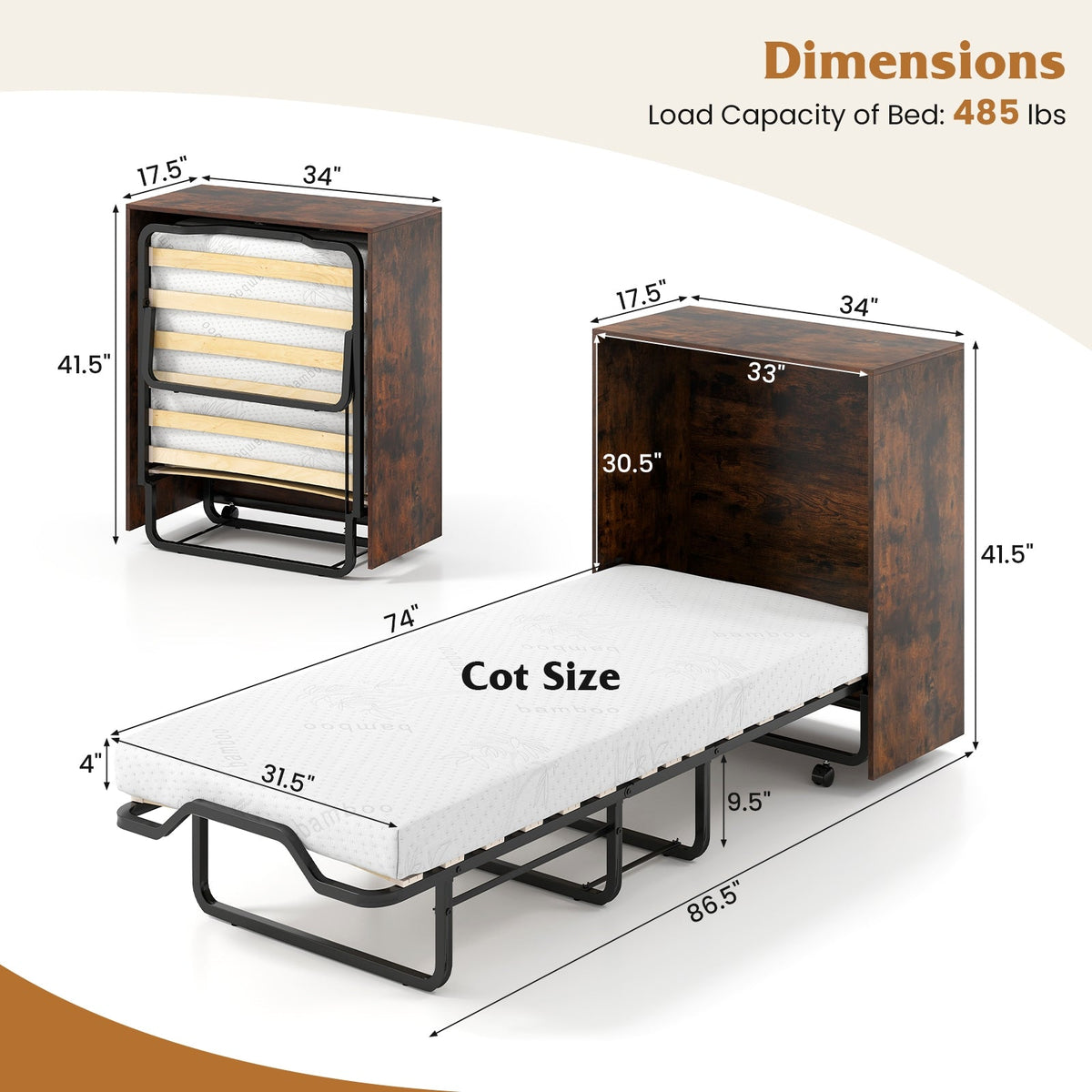 Cot Size Murphy Bed with Foldable Bed and Lockable Wheels-Folding Beds-DECOROLALA