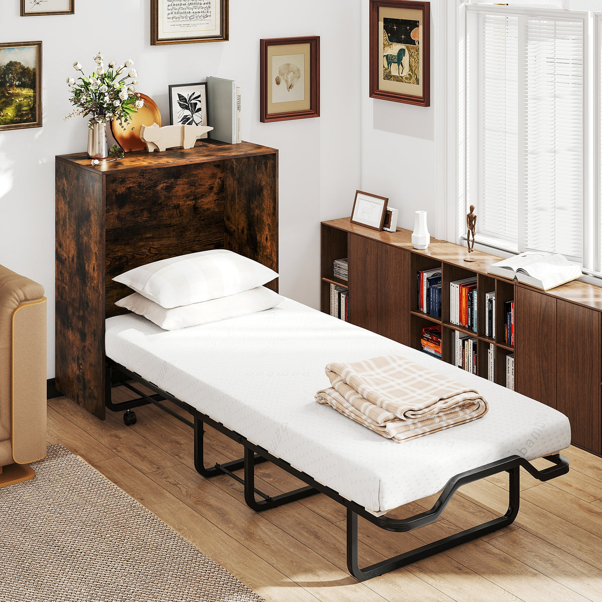 Cot Size Murphy Bed with Foldable Bed and Lockable Wheels-Rustic Brown-Folding Beds-DECOROLALA