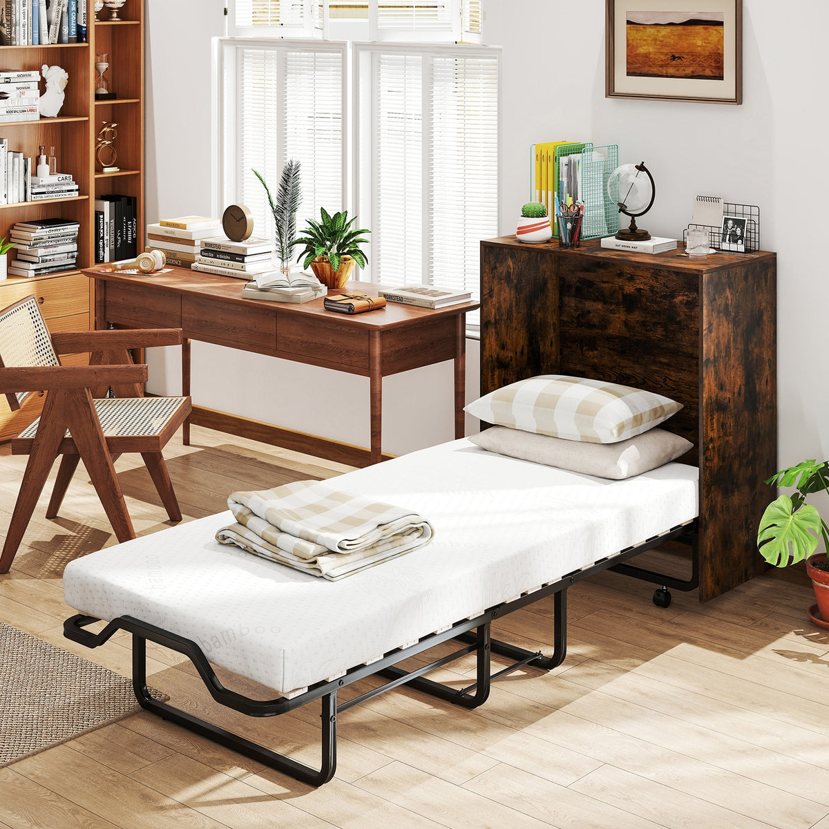 Cot Size Murphy Bed with Foldable Bed and Lockable Wheels-Rustic Brown-Folding Beds-DECOROLALA