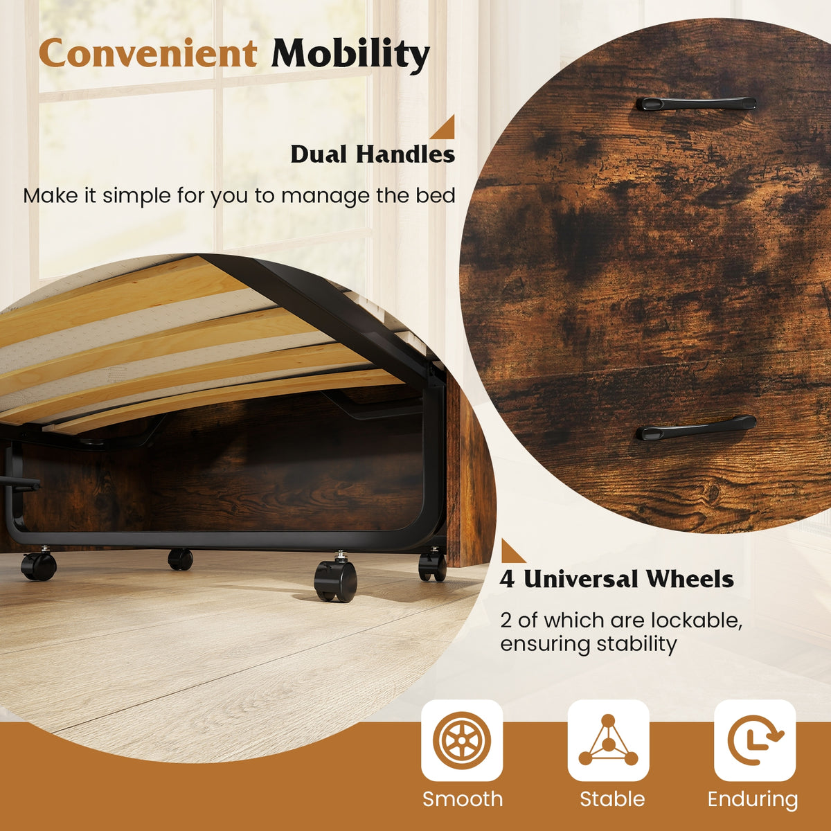 Cot Size Murphy Bed with Foldable Bed and Lockable Wheels-Rustic Brown-Folding Beds-DECOROLALA