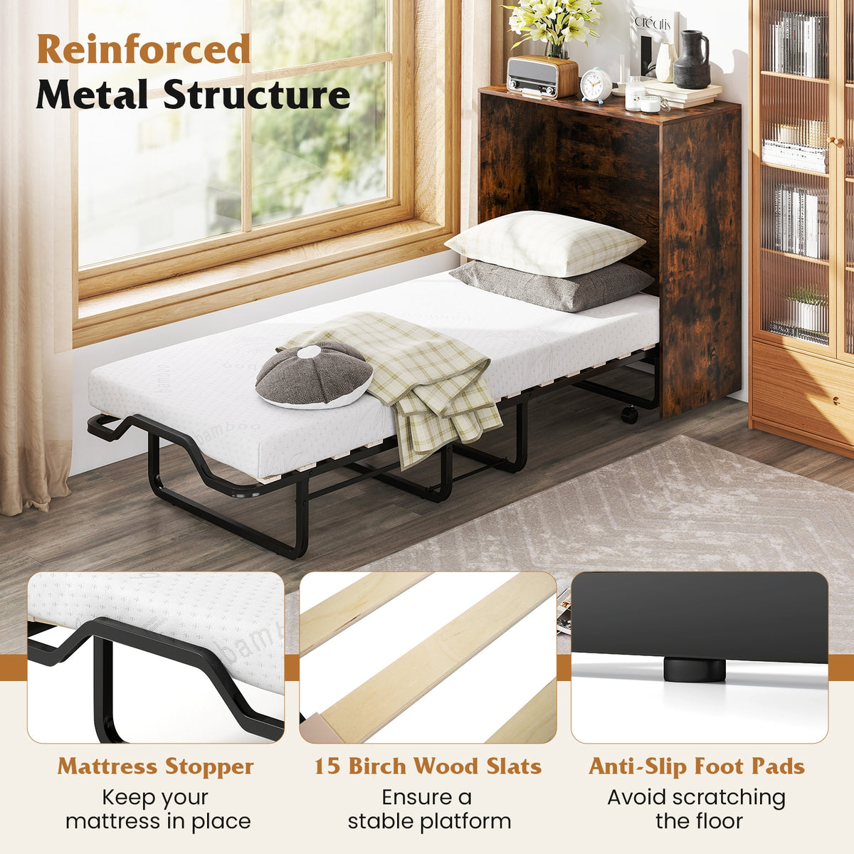Cot Size Murphy Bed with Foldable Bed and Lockable Wheels-Rustic Brown-Folding Beds-DECOROLALA