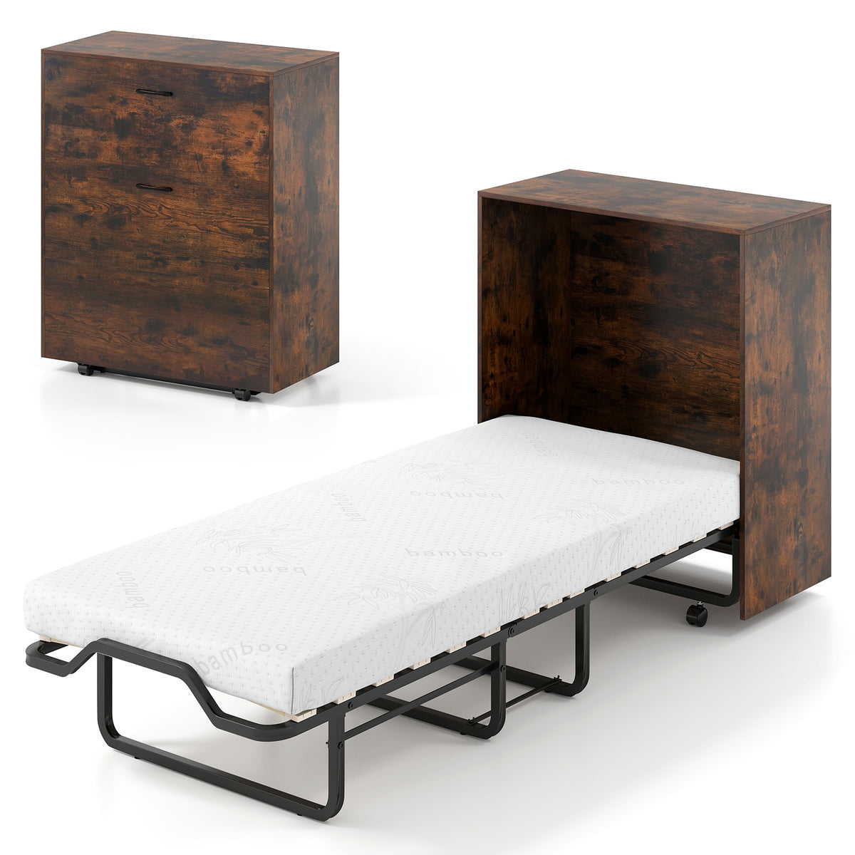 Cot Size Murphy Bed with Foldable Bed and Lockable Wheels-Rustic Brown-Folding Beds-DECOROLALA