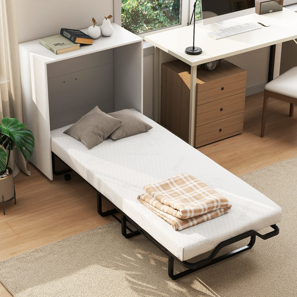 Cot Size Murphy Bed with Foldable Bed and Lockable Wheels-White-Folding Beds-DECOROLALA