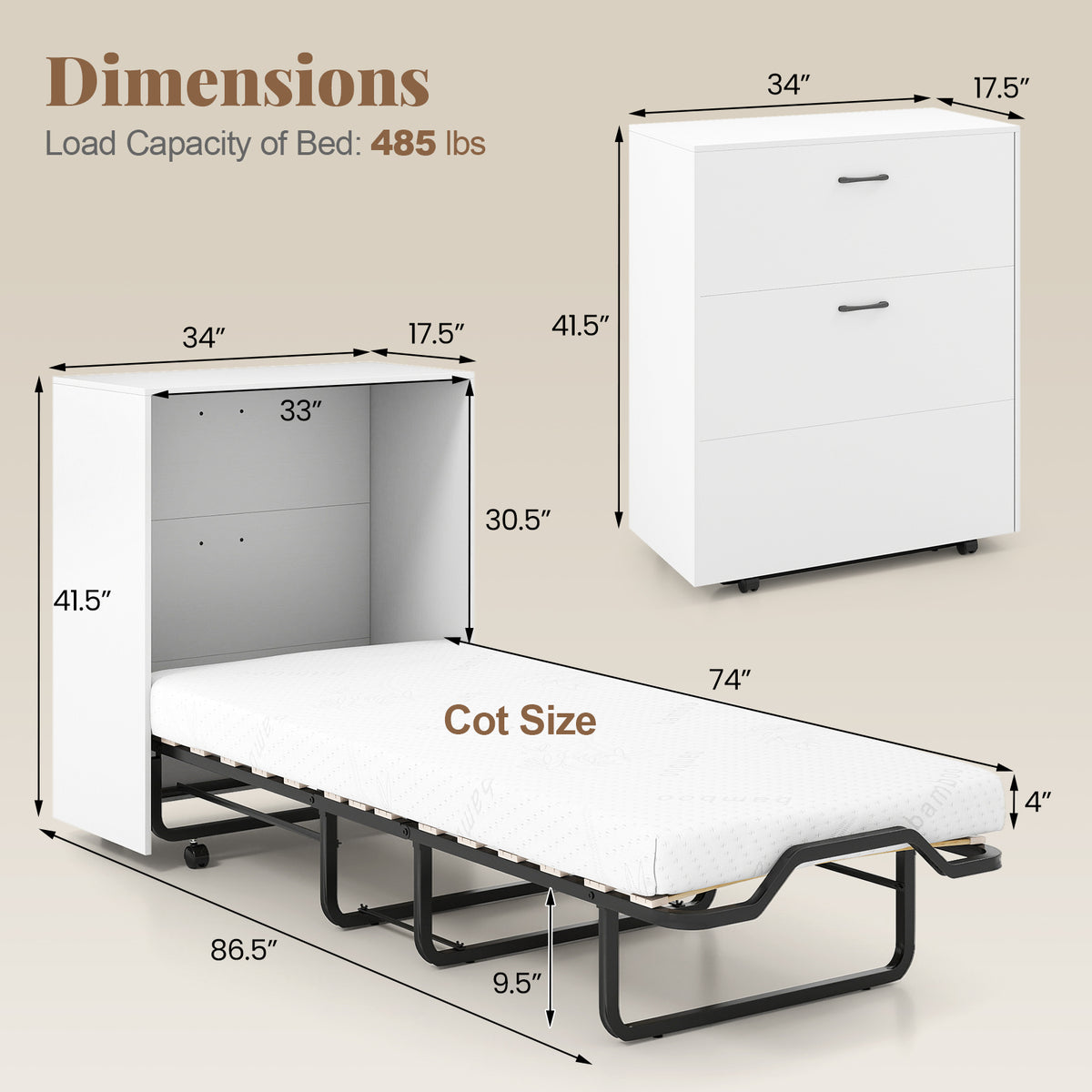 Cot Size Murphy Bed with Foldable Bed and Lockable Wheels-White-Folding Beds-DECOROLALA