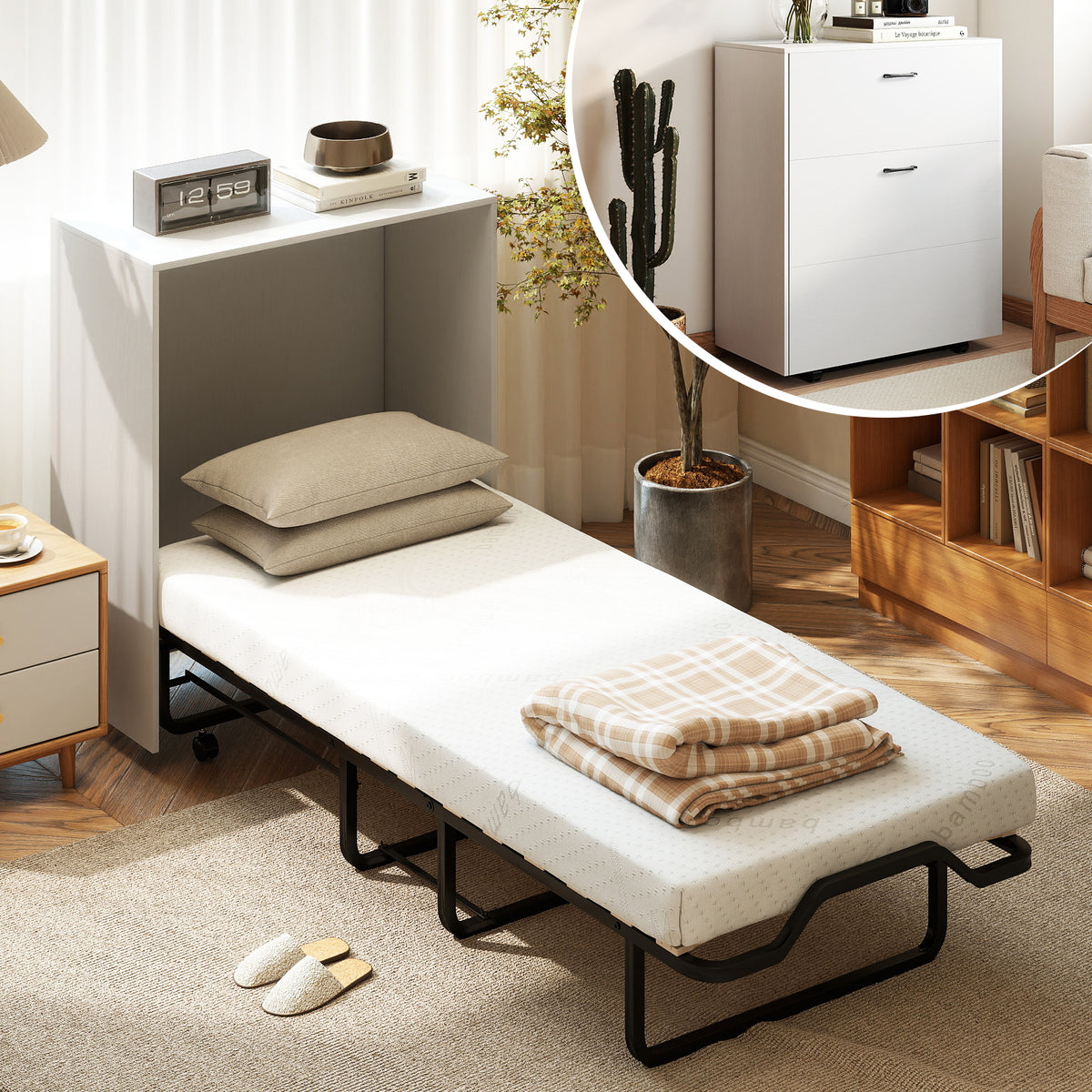 Cot Size Murphy Bed with Foldable Bed and Lockable Wheels-White-Folding Beds-DECOROLALA