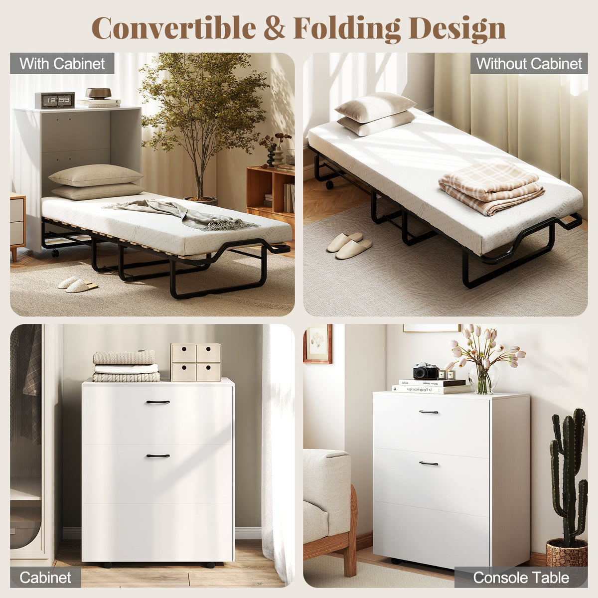 Cot Size Murphy Bed with Foldable Bed and Lockable Wheels-White-Folding Beds-DECOROLALA