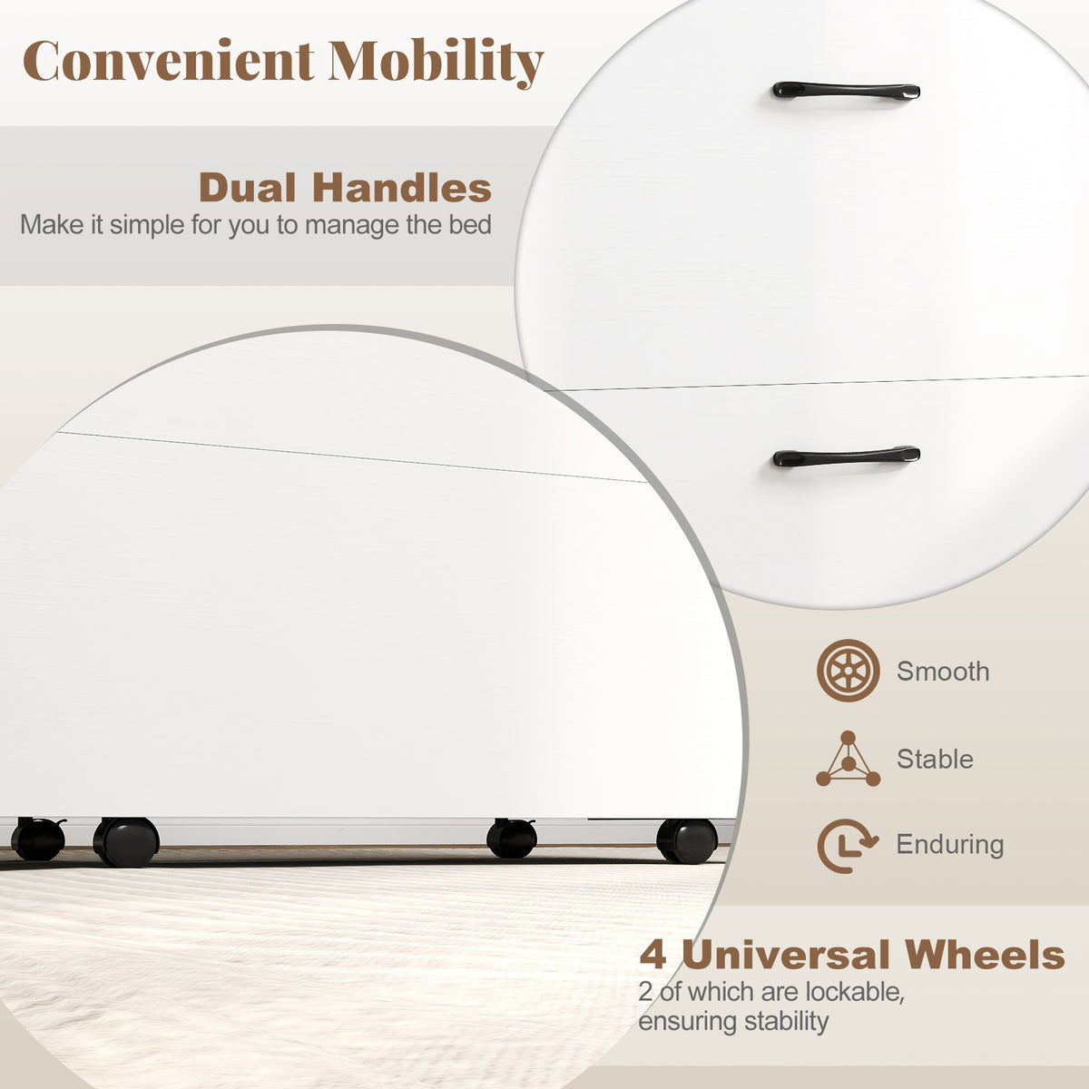 Cot Size Murphy Bed with Foldable Bed and Lockable Wheels-White-Folding Beds-DECOROLALA