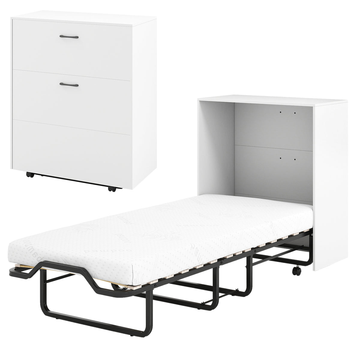 Cot Size Murphy Bed with Foldable Bed and Lockable Wheels-White-Folding Beds-DECOROLALA