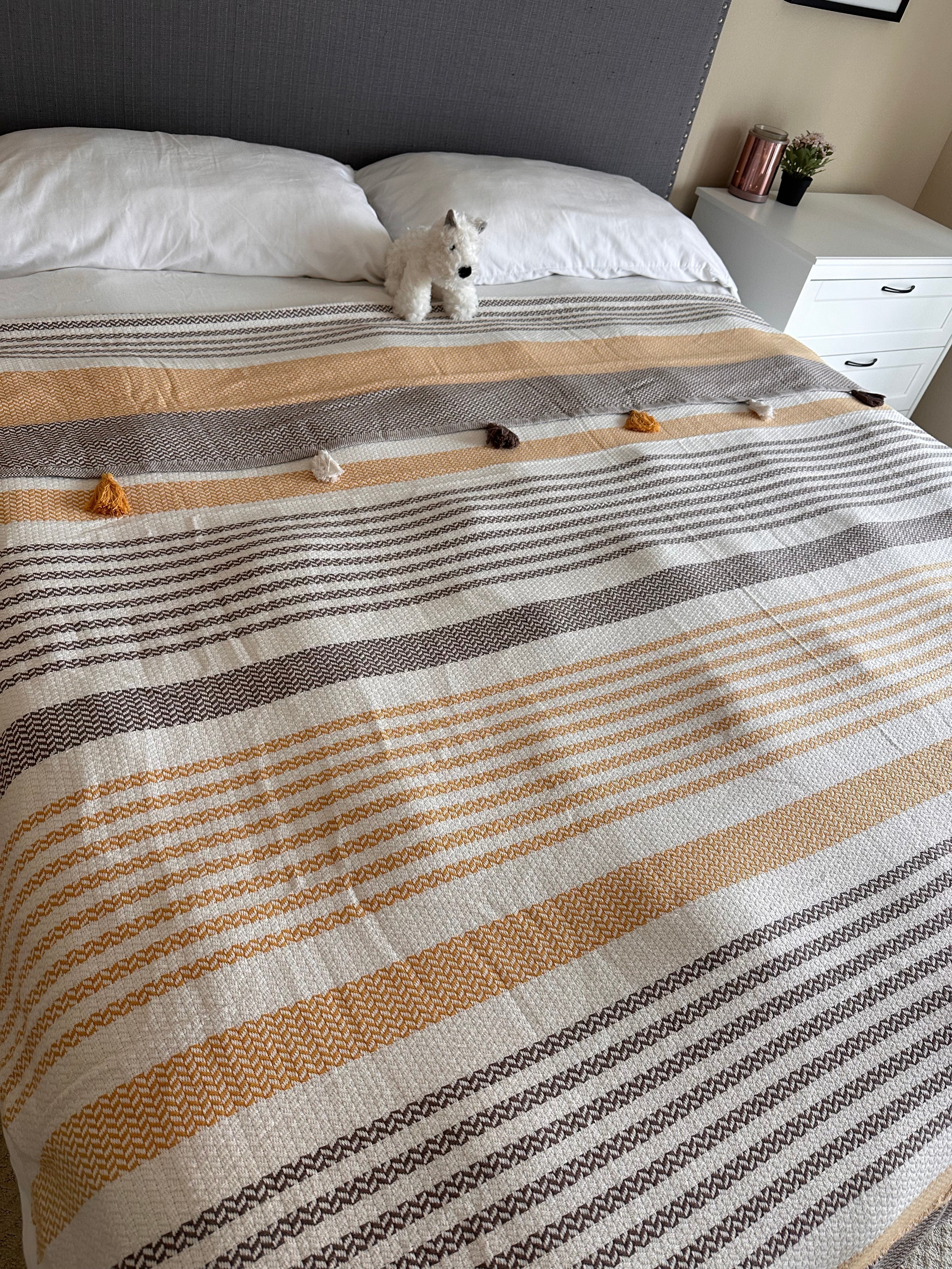 Cotton Brown Pom Pom Bedspread 110" x 118"-Bedspread-DECOROLALA