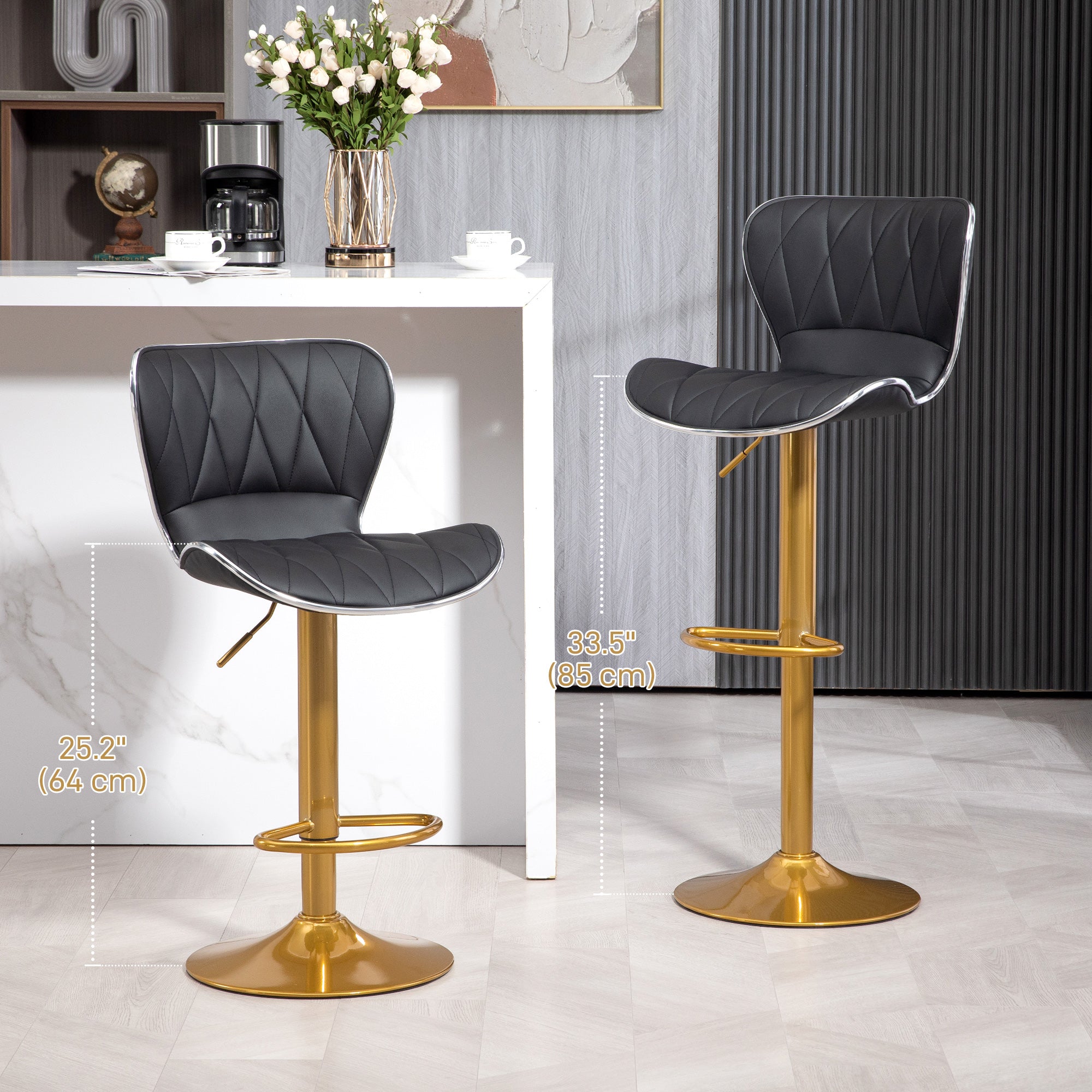 Counter Height Bar Stools Set of 2, Adjustable Height Bar Chairs with Swivel Seat, PU Leather Upholstery-Home Furnishings > Kitchen & Dining Furniture > Bar Stools-DECOROLALA