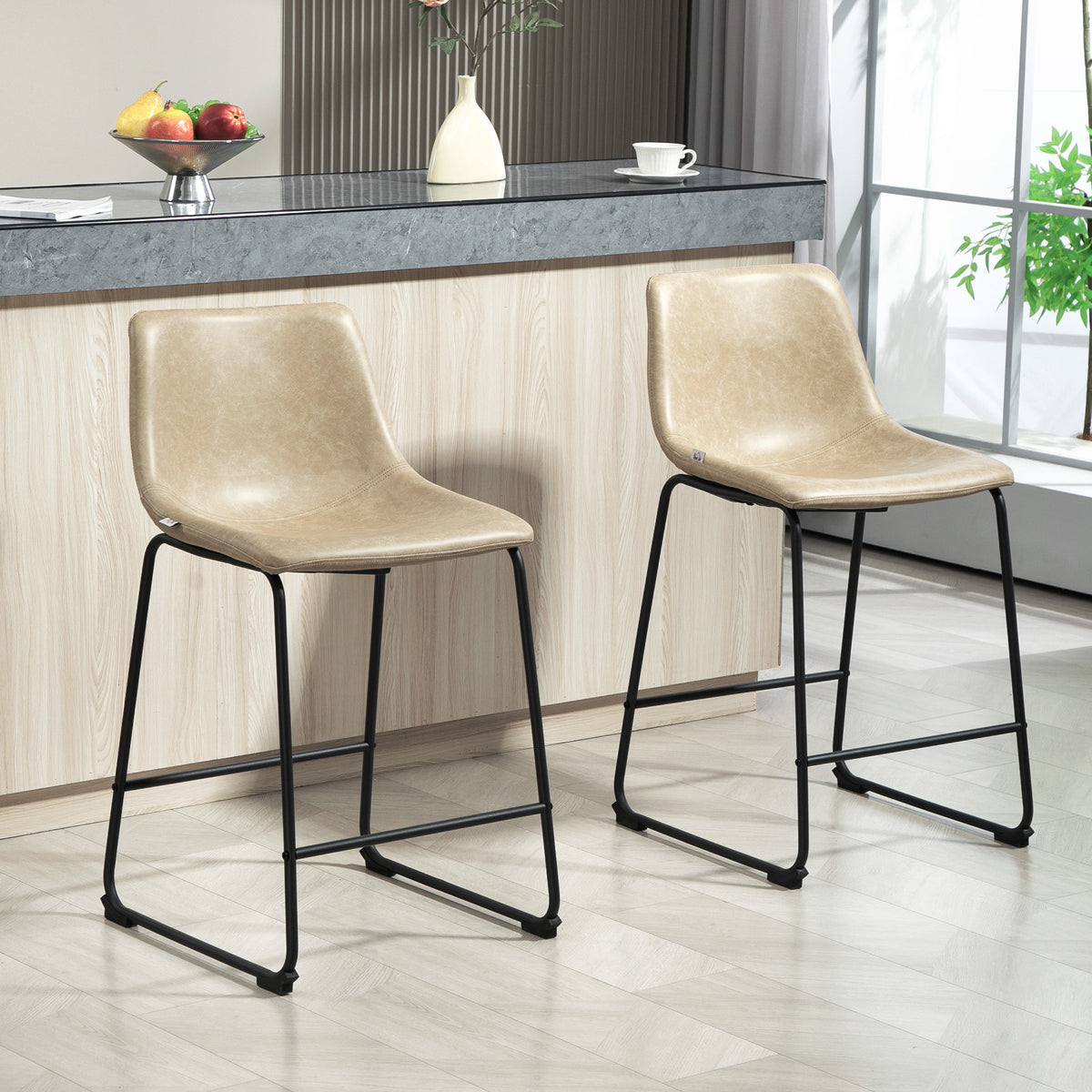 Counter Height Bar Stools Set of 2 - Beige PU Leather-Home Furnishings > Kitchen & Dining Furniture > Bar Stools-DECOROLALA