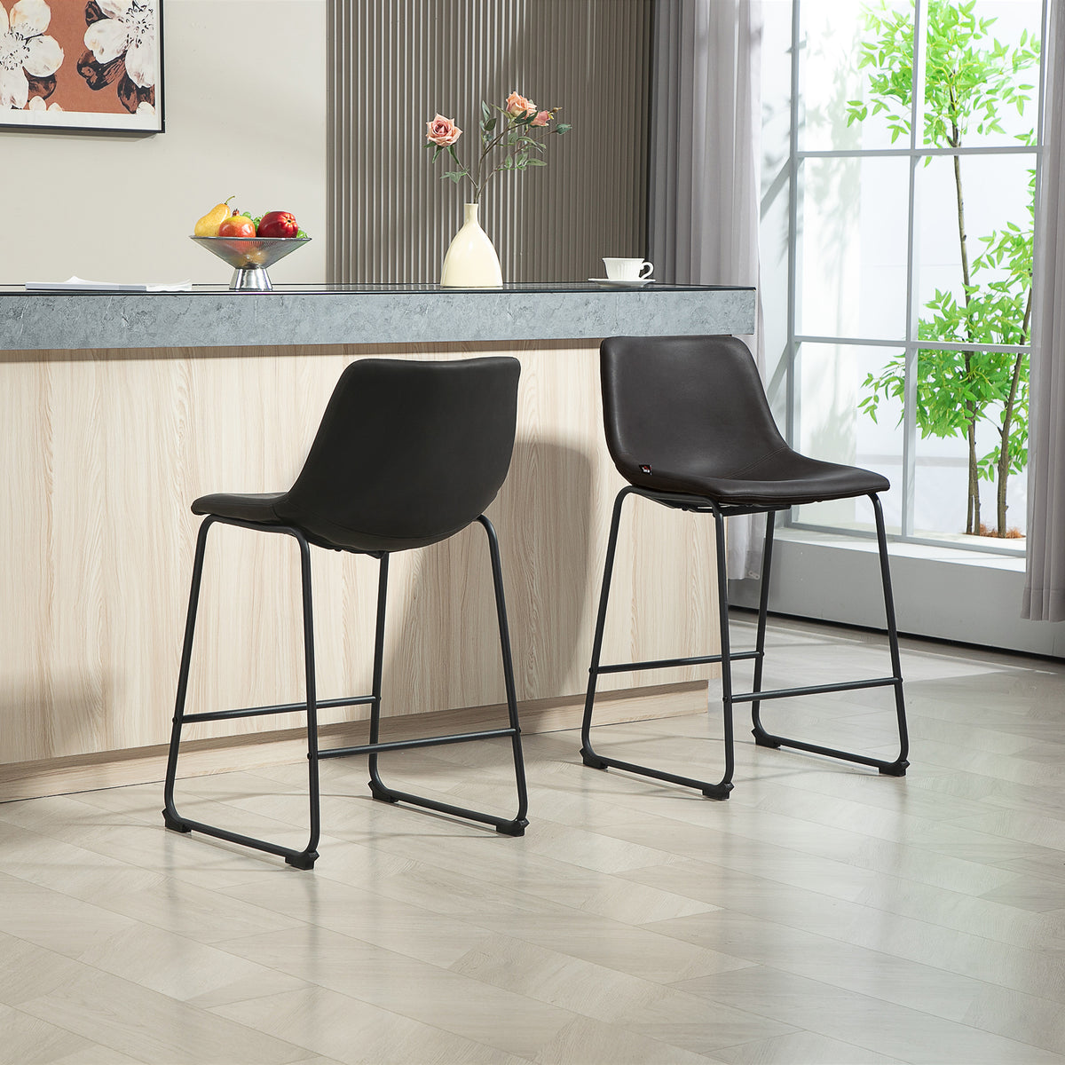 Counter Height Bar Stools Set of 2 - Dark Brown PU Leather-Home Furnishings > Kitchen & Dining Furniture > Bar Stools-DECOROLALA