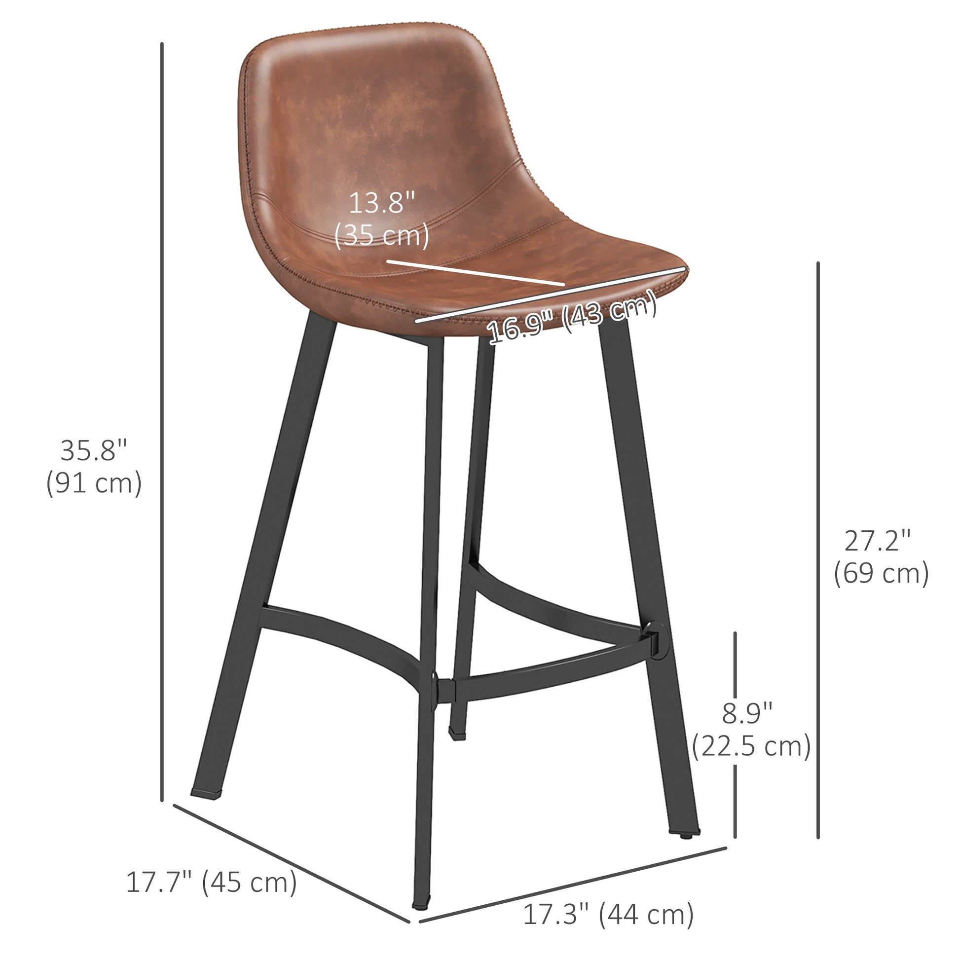 Counter Height Stools Set of 2 - Brown PU Leather Industrial Stools-DECOROLALA