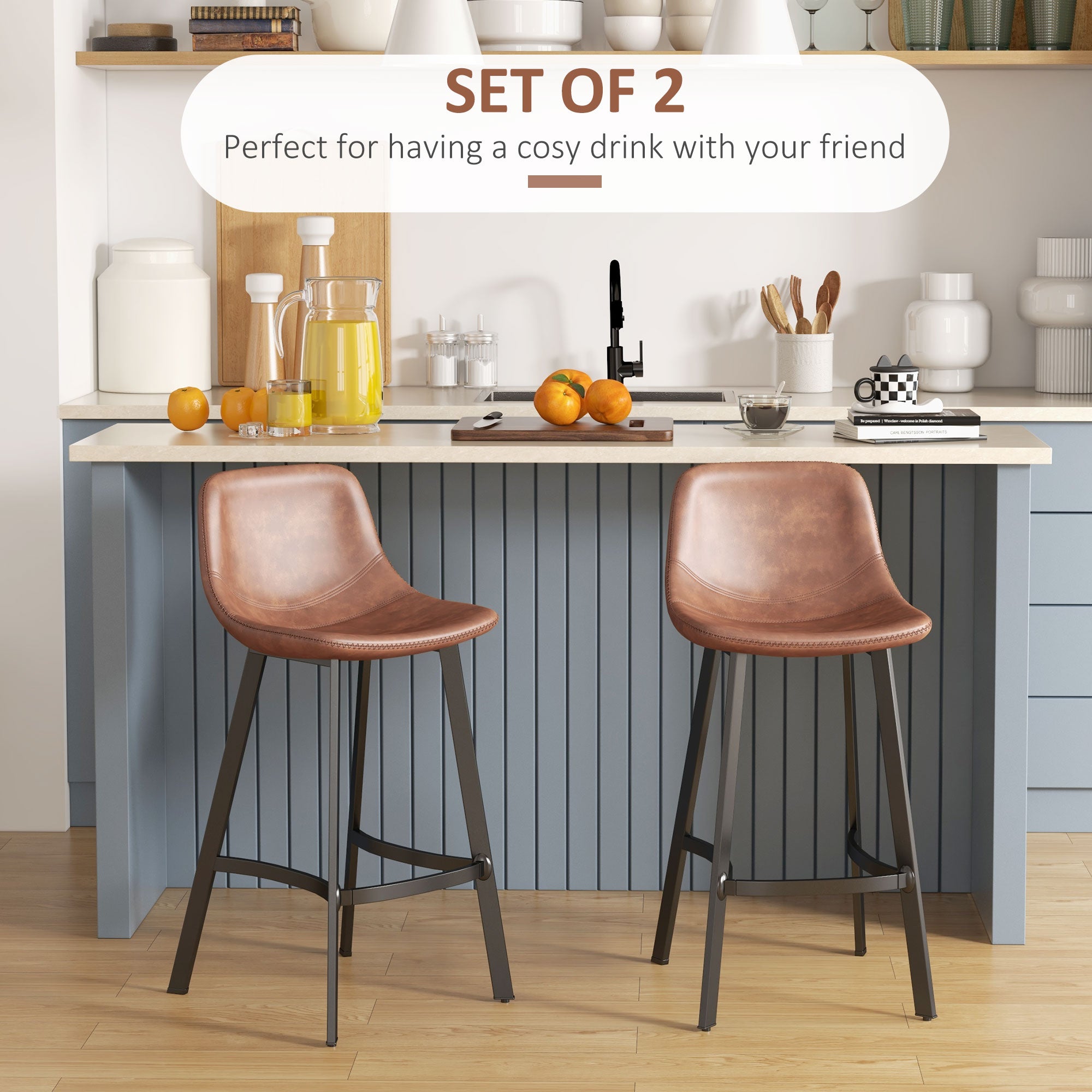 Counter Height Stools Set of 2 - Brown PU Leather Industrial Stools-DECOROLALA