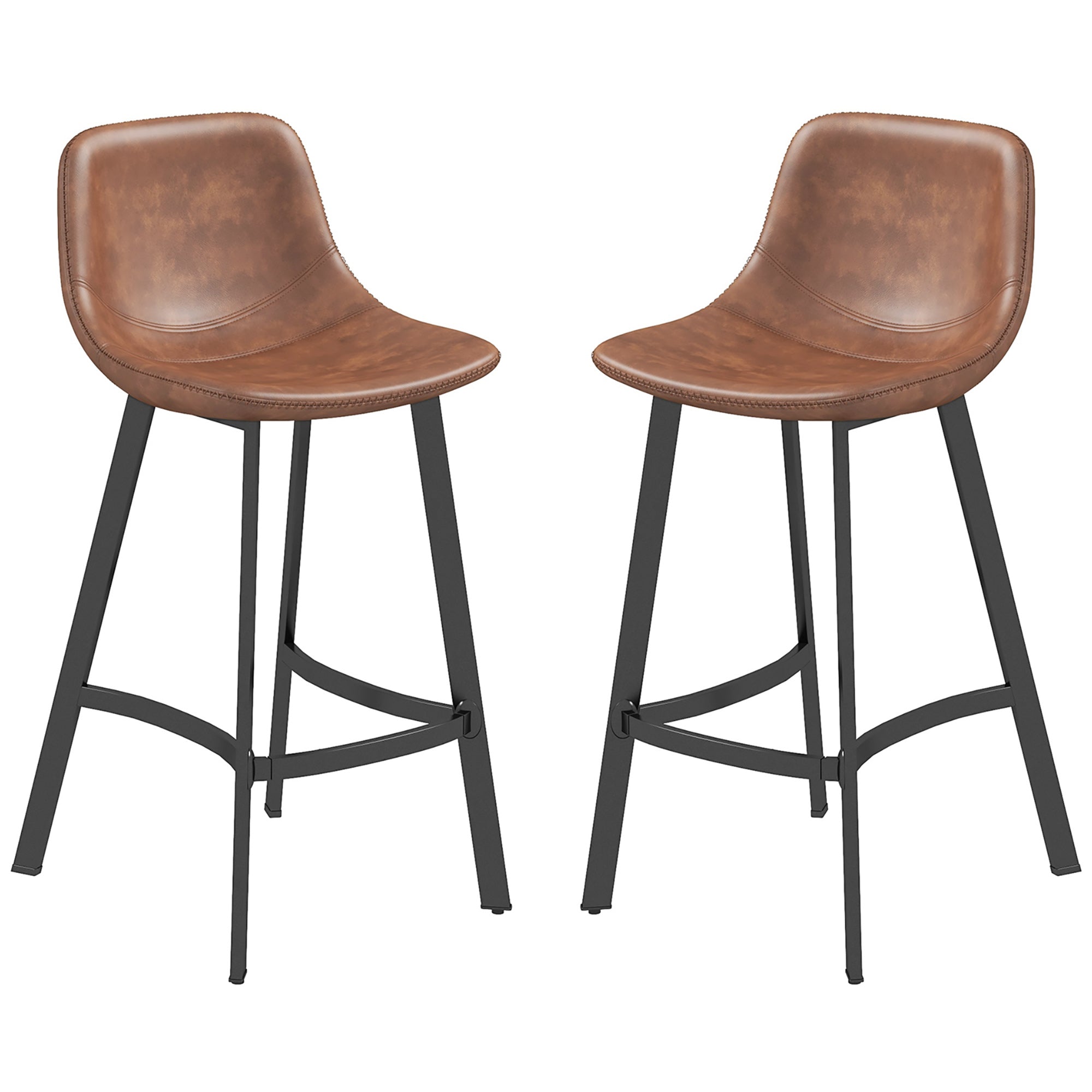 Counter Height Stools Set of 2 - Brown PU Leather Industrial Stools-DECOROLALA