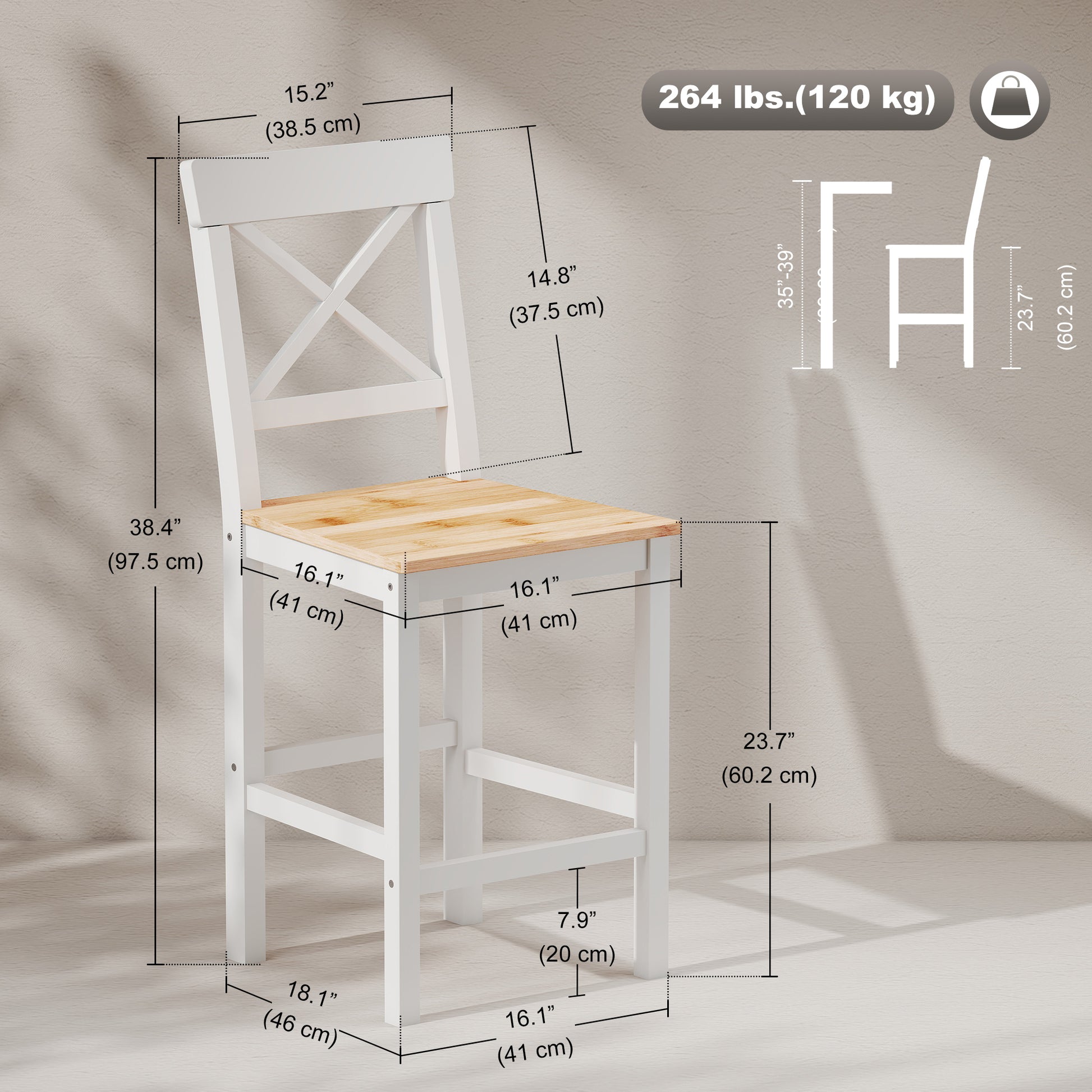 Counter Height Stools Set of 2, Farmhouse Bar Stools with Backs, Solid Wood Counter Stools for Kitchen Island-Home Furnishings > Kitchen & Dining Furniture > Bar Stools-DECOROLALA