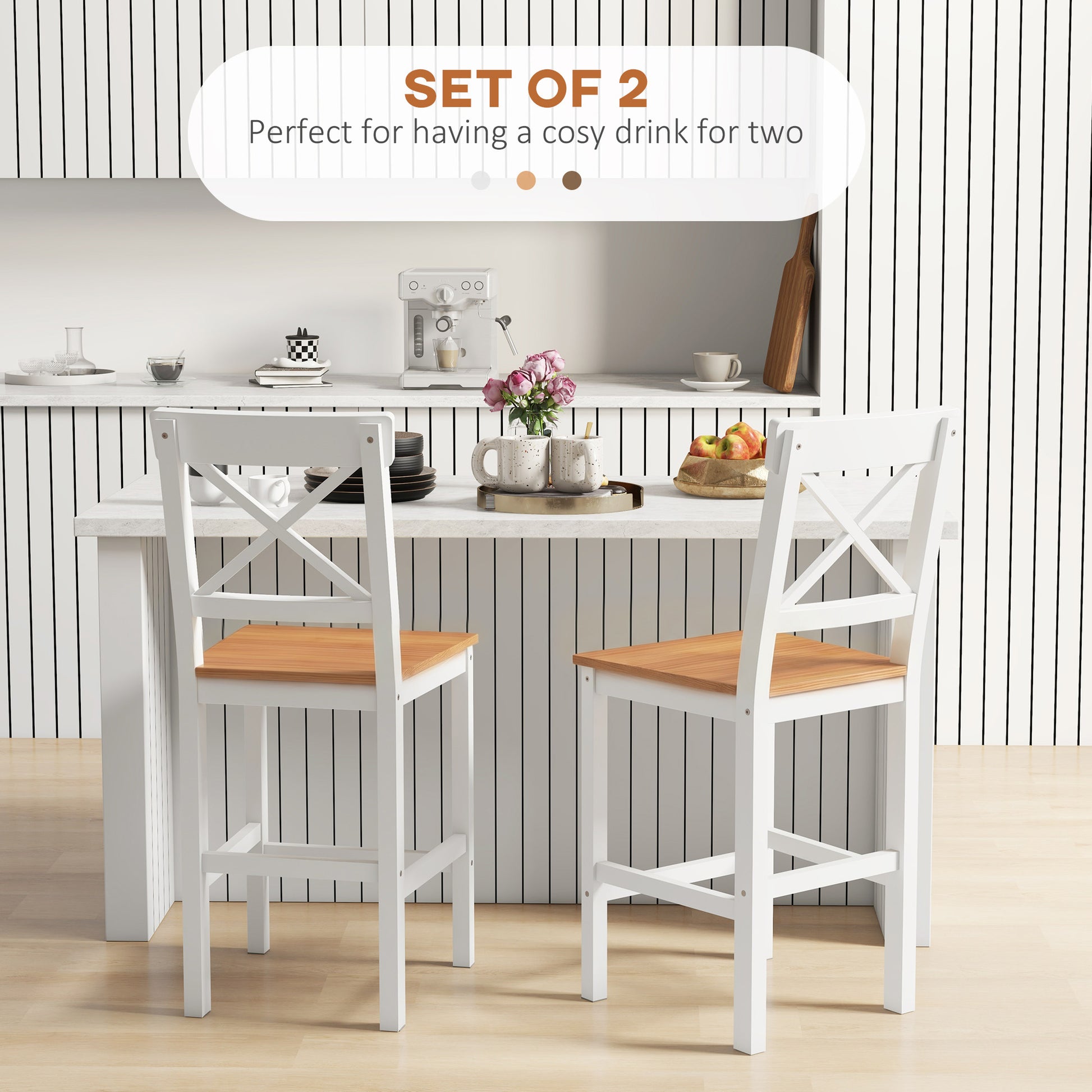Counter Height Stools Set of 2, Farmhouse Bar Stools with Backs, Solid Wood Counter Stools for Kitchen Island-Home Furnishings > Kitchen & Dining Furniture > Bar Stools-DECOROLALA