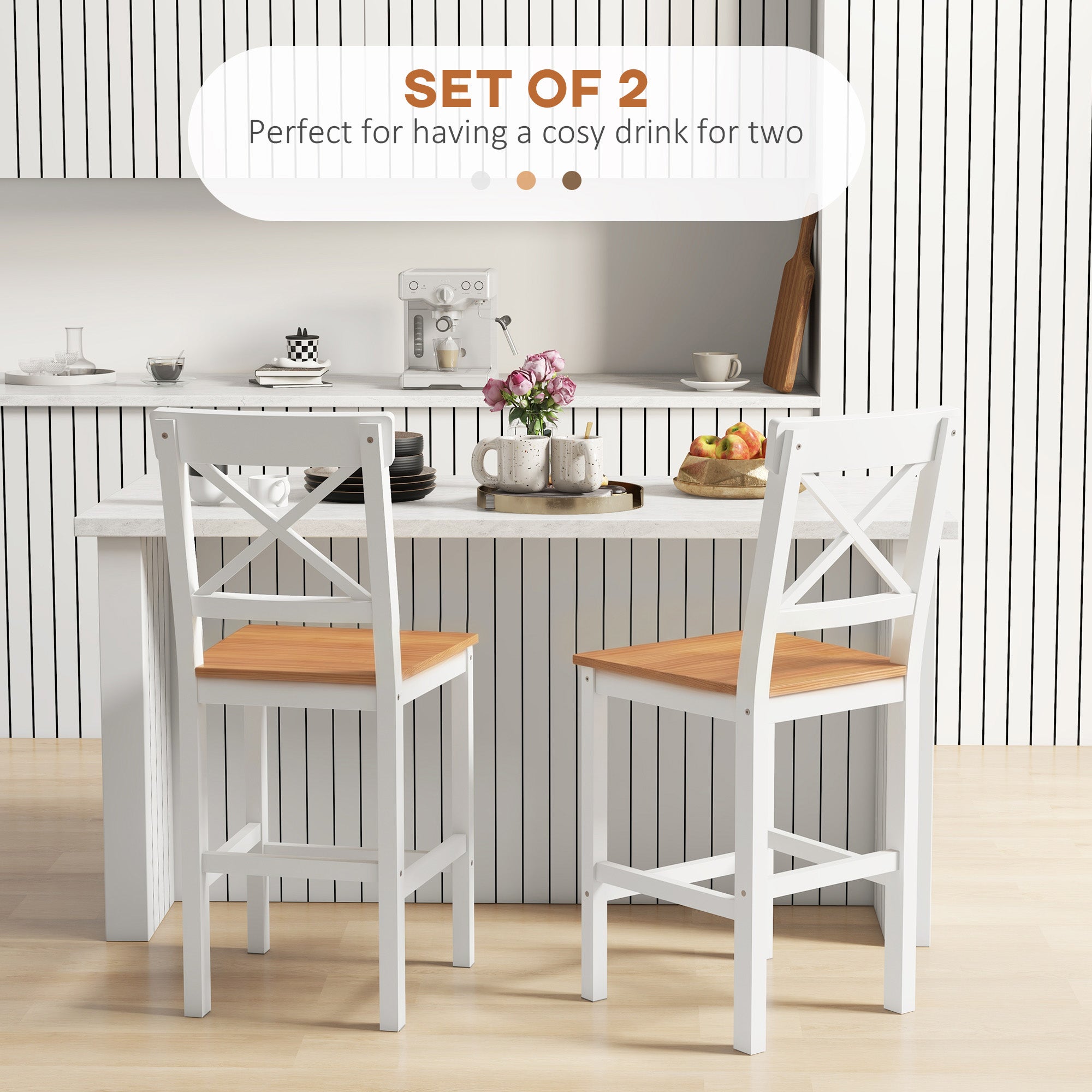 Counter Height Stools Set of 2, Farmhouse Bar Stools with Backs, Solid Wood Counter Stools for Kitchen Island-Home Furnishings > Kitchen & Dining Furniture > Bar Stools-DECOROLALA