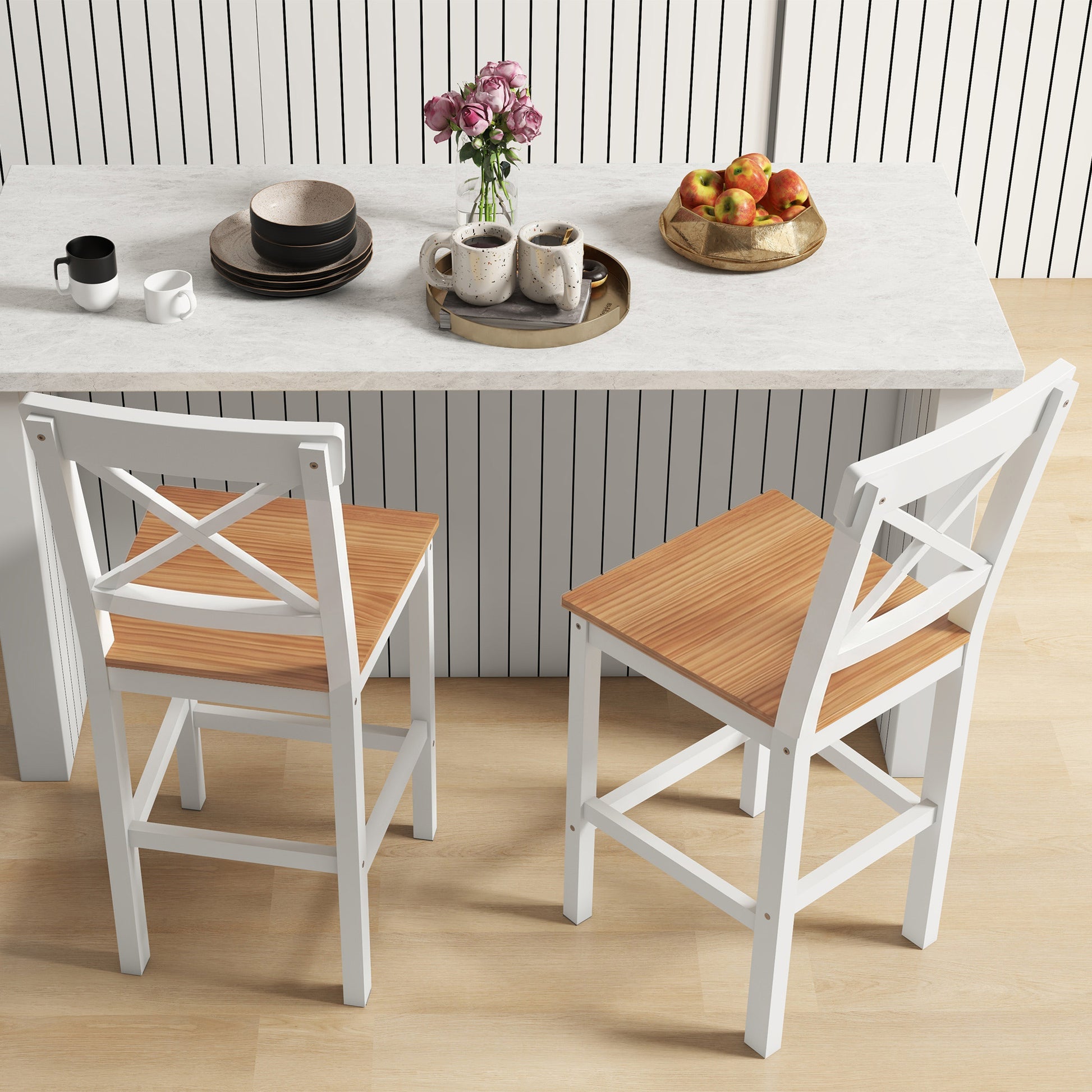 Counter Height Stools Set of 2, Farmhouse Bar Stools with Backs, Solid Wood Counter Stools for Kitchen Island-Home Furnishings > Kitchen & Dining Furniture > Bar Stools-DECOROLALA