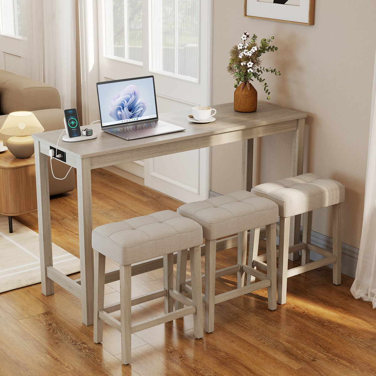 Counter Height Table with 3 Stools and 4-Piece Breakfast Nook Bar Set-Gray-Outdoor Bar Furniture-DECOROLALA