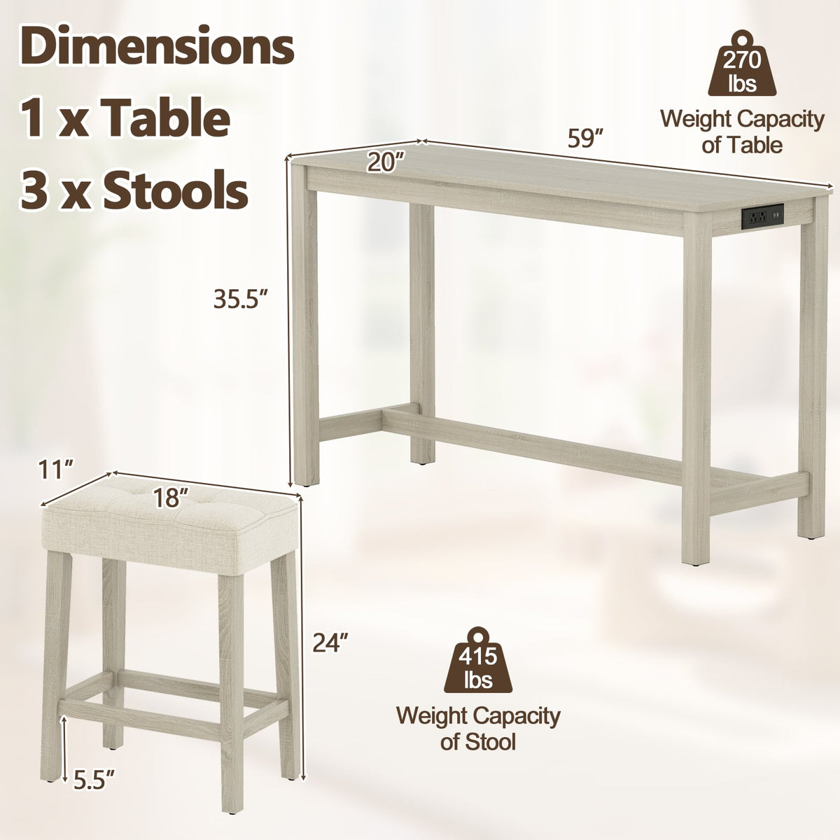 Counter Height Table with 3 Stools and 4-Piece Breakfast Nook Bar Set-Gray-Outdoor Bar Furniture-DECOROLALA