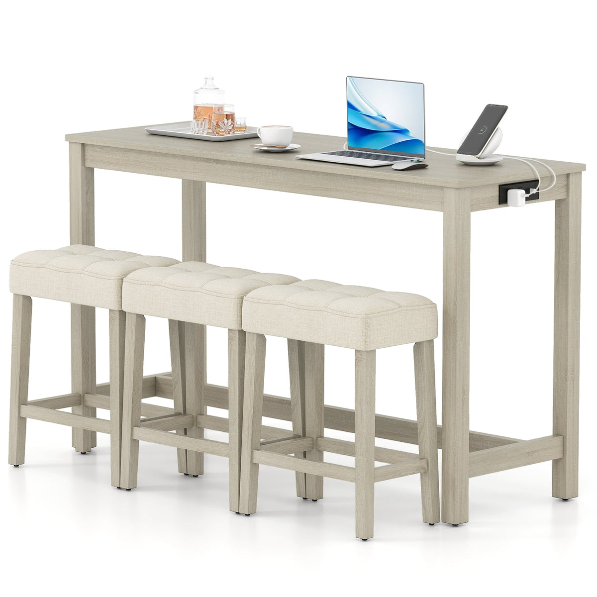 Counter Height Table with 3 Stools and 4-Piece Breakfast Nook Bar Set-Gray-Outdoor Bar Furniture-DECOROLALA