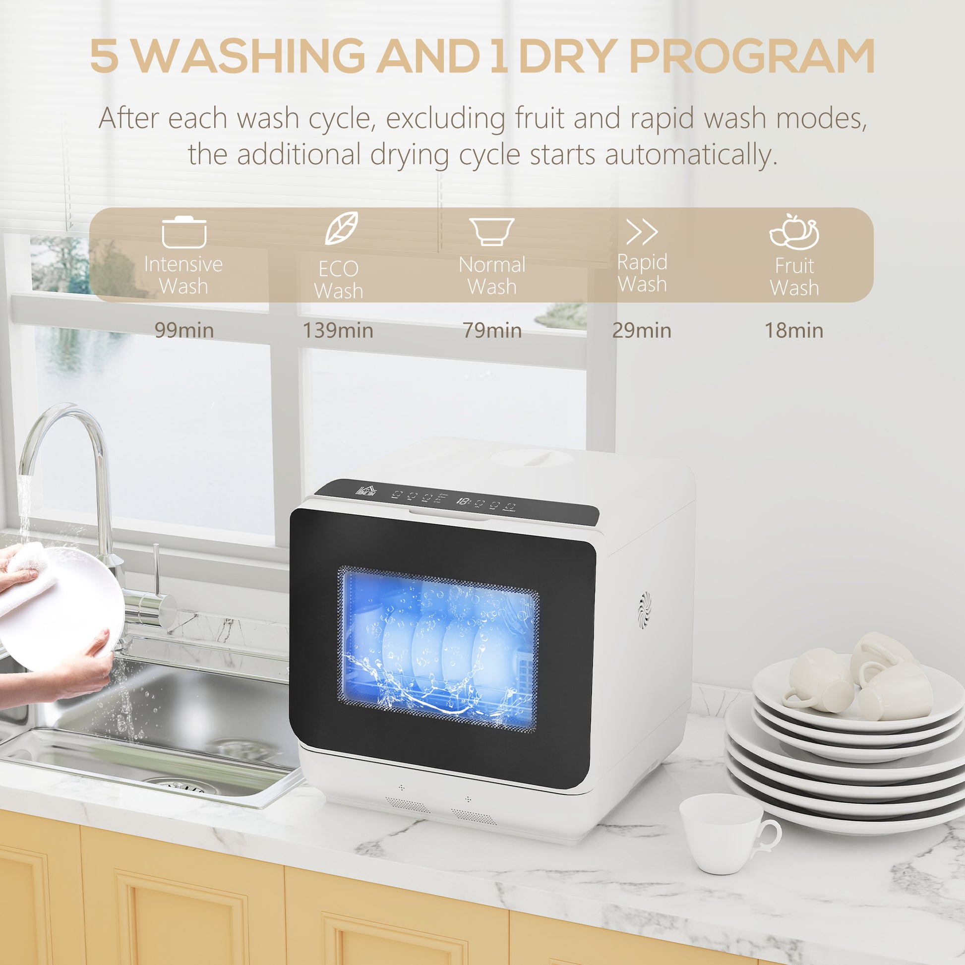 Countertop Dishwasher with 6L Water Tank - White-DECOROLALA