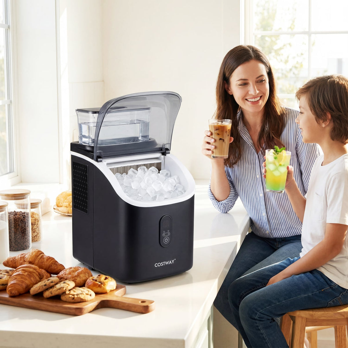 Countertop Ice Maker with External Tank and Self-Cleaning 13 Thickness Levels-Black-Ice Makers-DECOROLALA