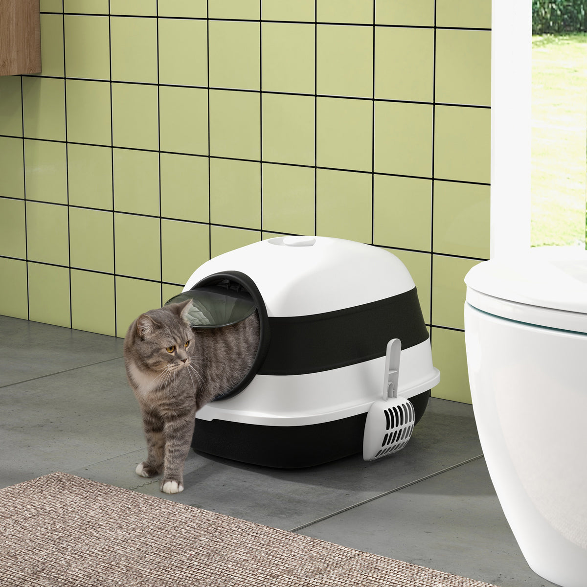 Covered Cat Litter Box with Lid and Scoop - Black/White 20.5"-Cats-DECOROLALA