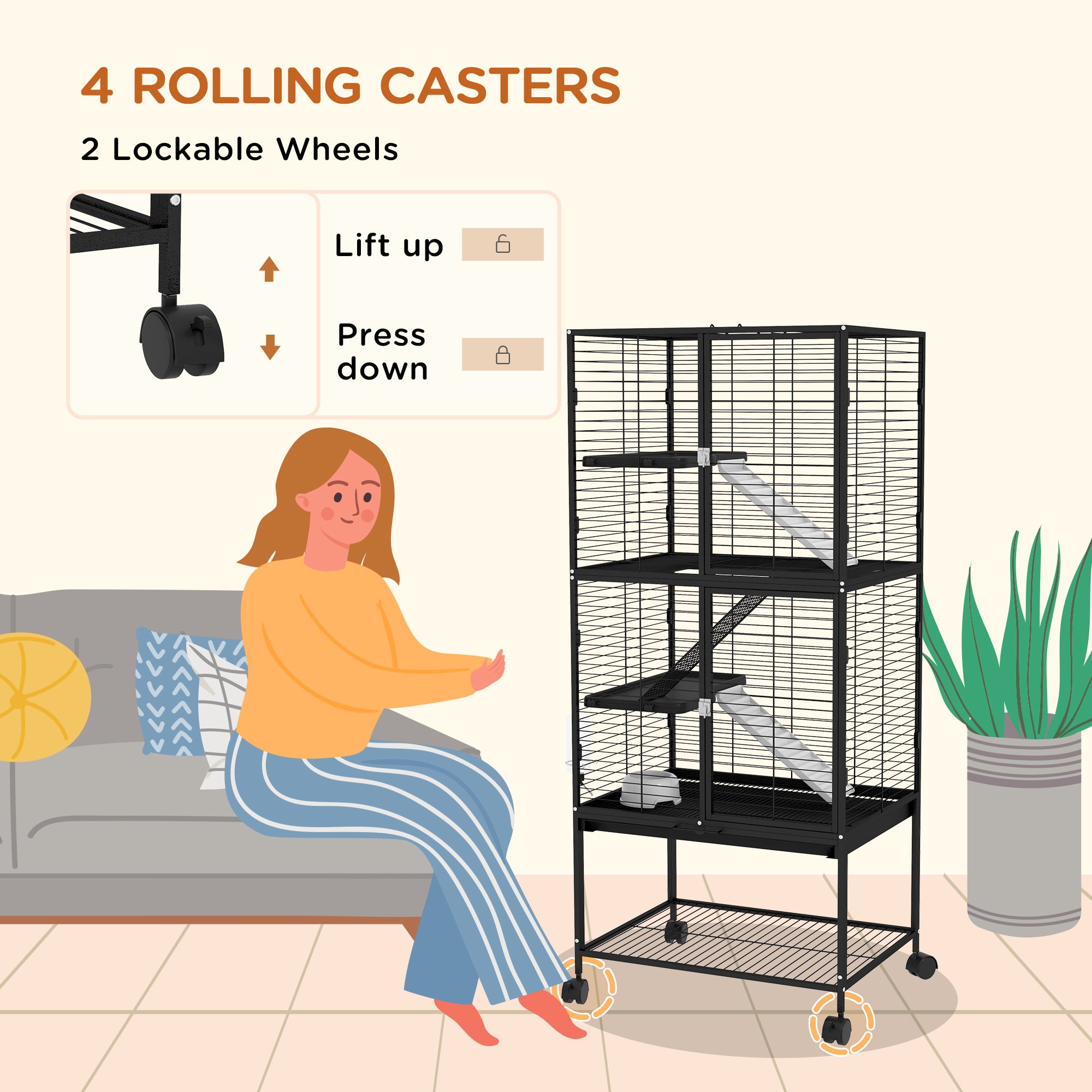 Rolling Small Animal Cage 53.5"H Chinchilla Cage for Ferrets, Squirrels w/ Removable Tray, Storage Shelf, Black