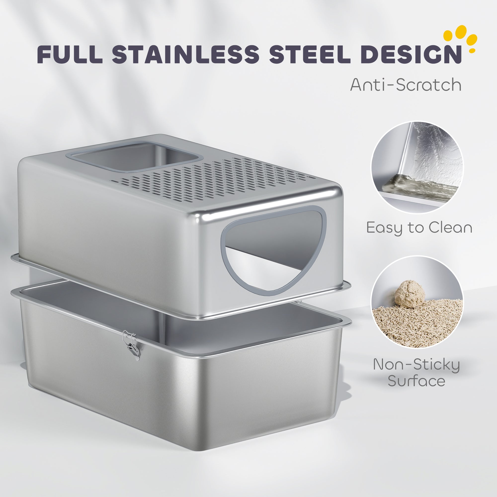 Stainless Steel Cat Litter Box with Lid, Extra Large Enclosed Litter Box with Top Litter-Catching Holes, Scoop, Silver