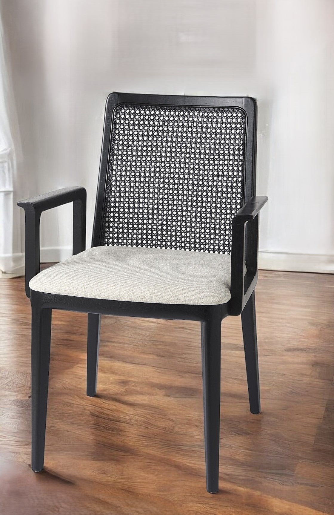 Cream And Black Upholstered Fabric Dining Arm Chair-Dining Chairs-DECOROLALA