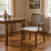 Cream And Brown Upholstered Fabric Dining Arm Chair-Dining Chairs-DECOROLALA