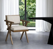 Cream And Brown Upholstered Fabric Open Back Dining Arm Chair-Dining Chairs-DECOROLALA