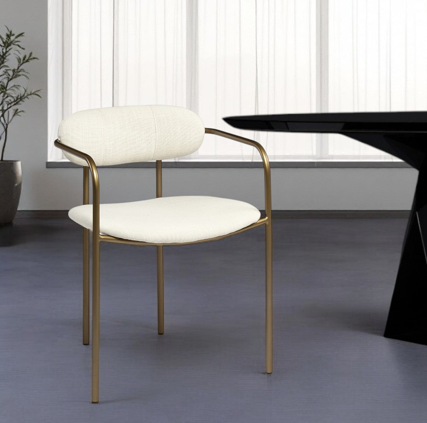 Cream And Gold Upholstered Fabric Open Back Dining Arm Chair-Dining Chairs-DECOROLALA