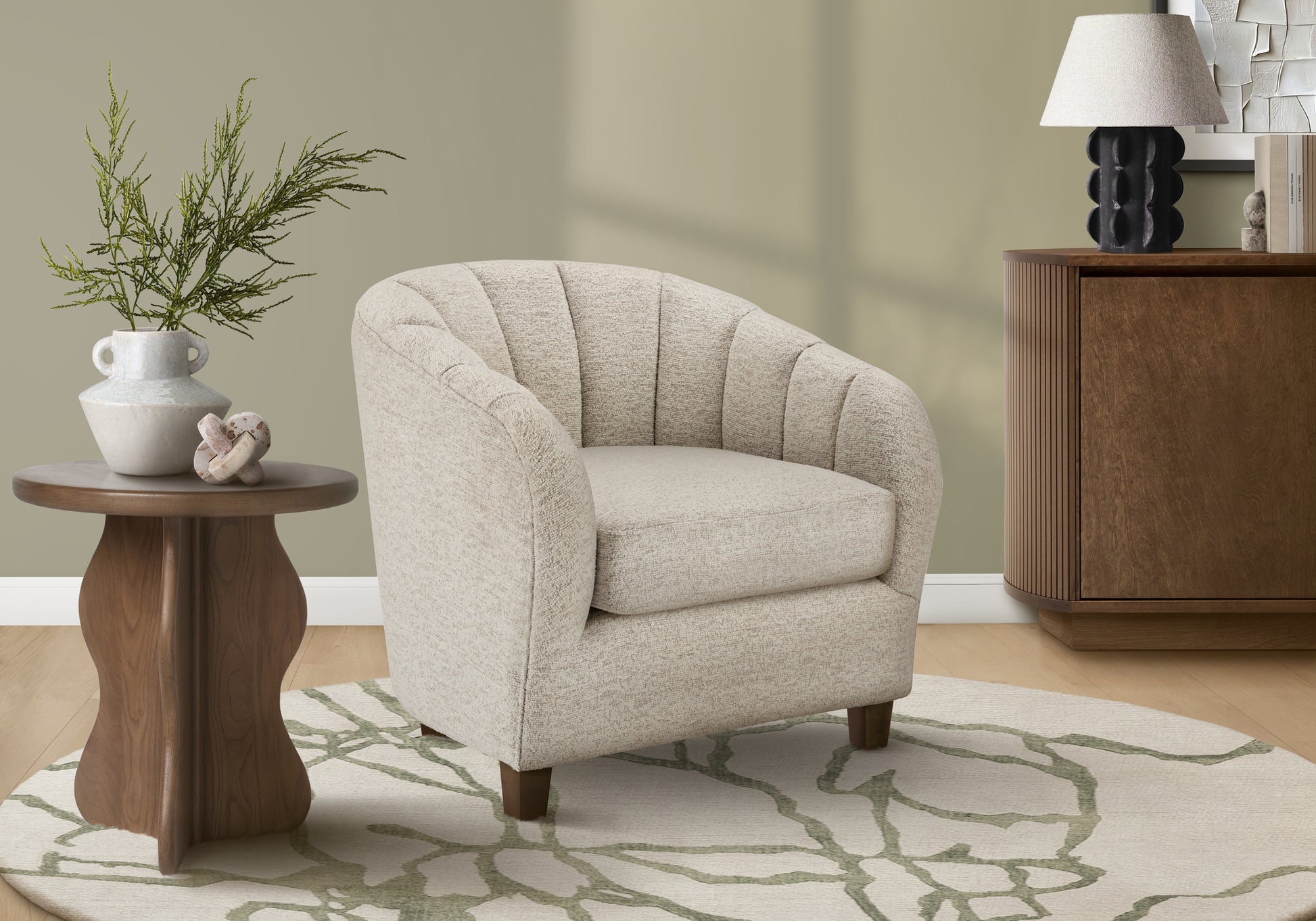 Cream Upholstered Barrel Accent Chair 31"H Modern-DECOROLALA