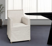 Cream and Brown Slipcovered Upholstered Fabric Dining Arm Chair-Dining Chairs-DECOROLALA