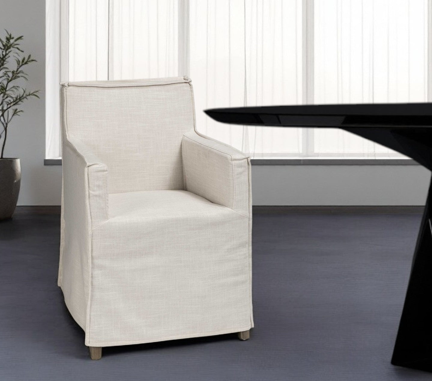 Cream and Brown Slipcovered Upholstered Fabric Dining Arm Chair-Dining Chairs-DECOROLALA