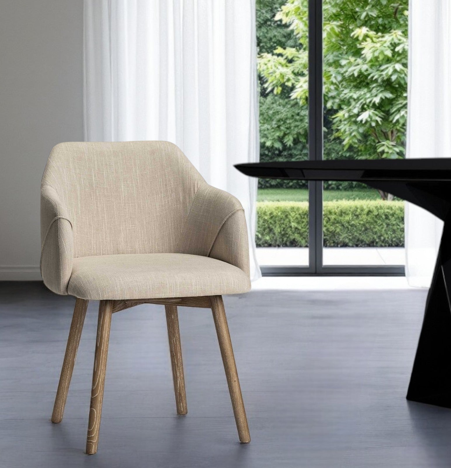 Cream and Brown Upholstered Fabric Dining Arm Chair-Dining Chairs-DECOROLALA