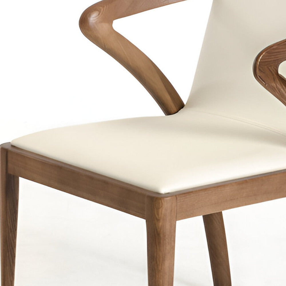 Cream and Brown Upholstered Faux Leather Dining Arm Chair-Dining Chairs-DECOROLALA
